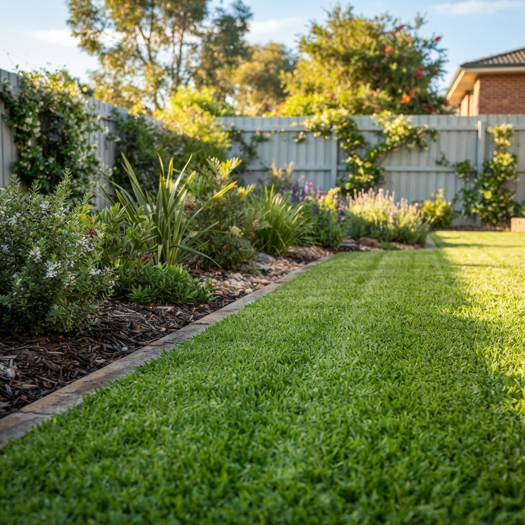 Neatly mowed lawn with crisp garden edges — John Trancy Lawn Mowing